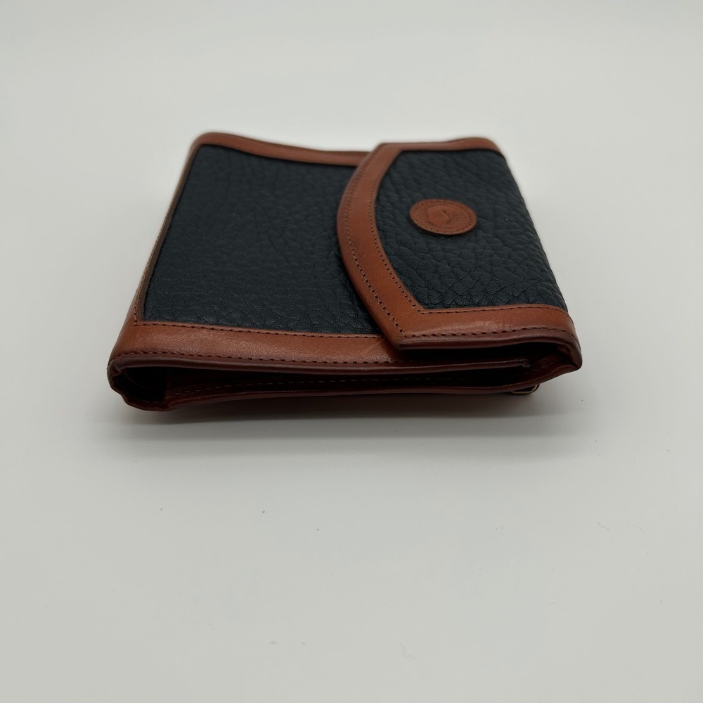 Vintage Dooney & Bourke Trifold Wallet Womens Navy Blue Tan Kiss Lock Leather - Picture 11 of 14